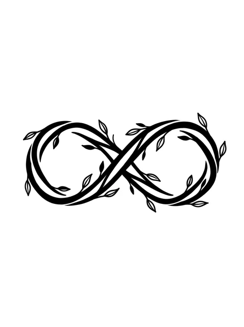 Black and white linework vine and infinity tattoo design, outline stencil