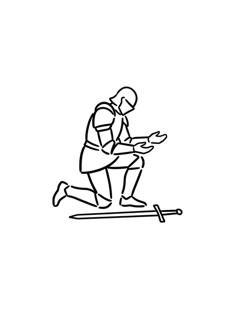 Black and white linework sword and knight tattoo design, outline stencil