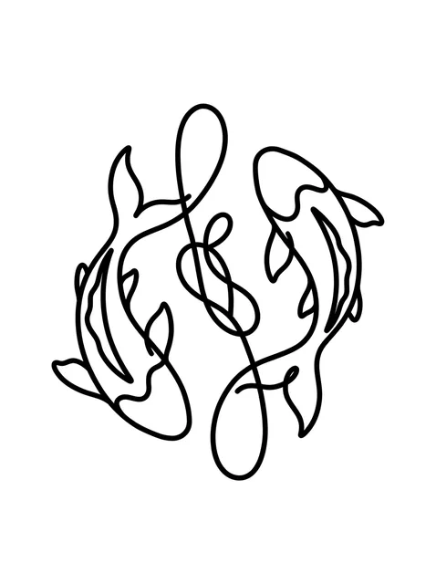 Black and white linework fish and koi tattoo design, outline stencil