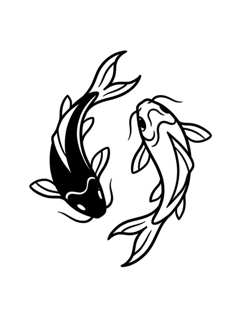 Black and white linework fish and koi tattoo design, outline stencil