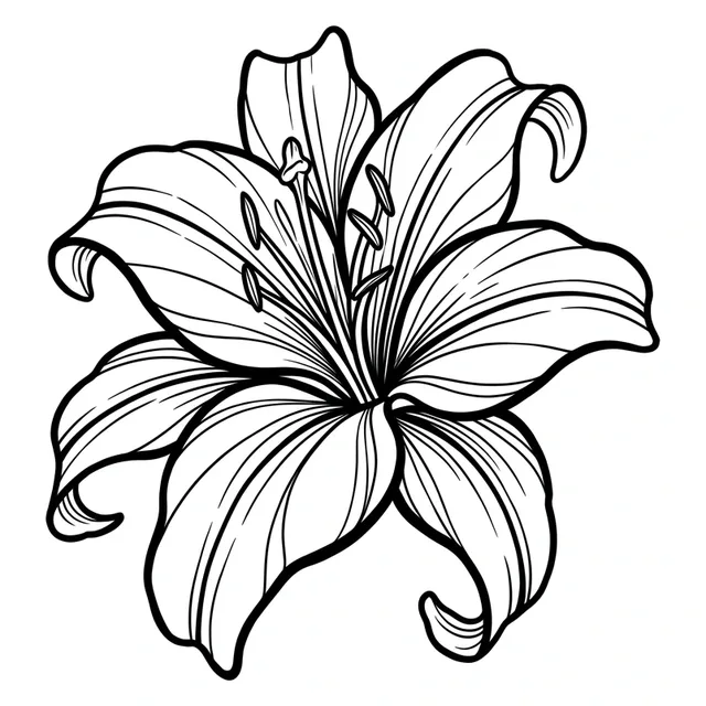 Black and white linework lily and flower tattoo design, outline stencil: a single lily in full bloom