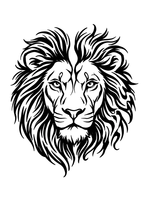 Black and white linework lion tattoo design, outline stencil: the head of a lion