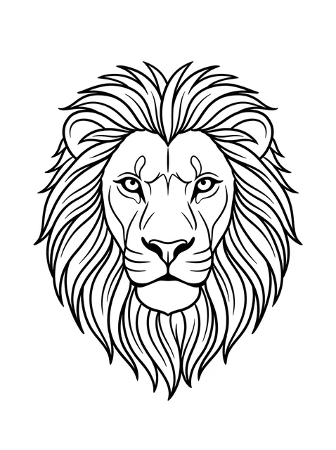 Black and white linework lion tattoo design, outline stencil: the head of a majestic lion