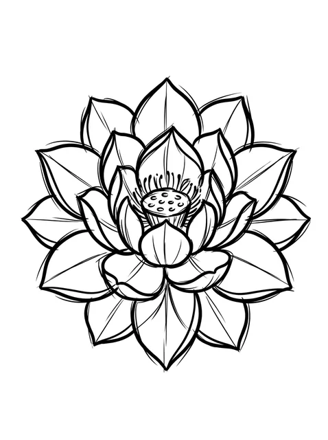 Black and white linework lotus and flower tattoo design, outline stencil