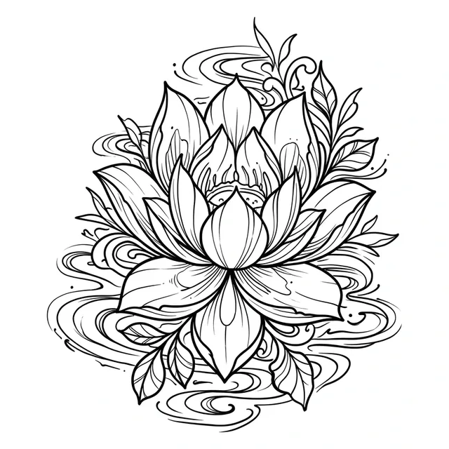 Black and white linework lotus and leaf tattoo design, outline stencil