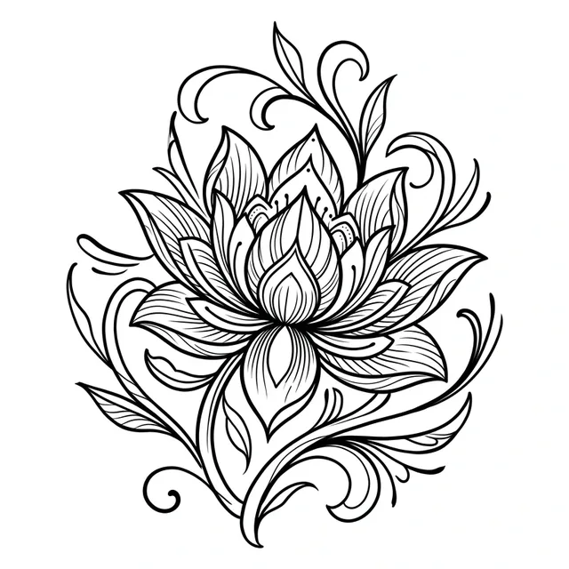 Black and white linework lotus and vine tattoo design, outline stencil