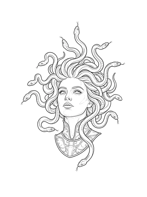 Black and white linework medusa and snake tattoo design, outline stencil