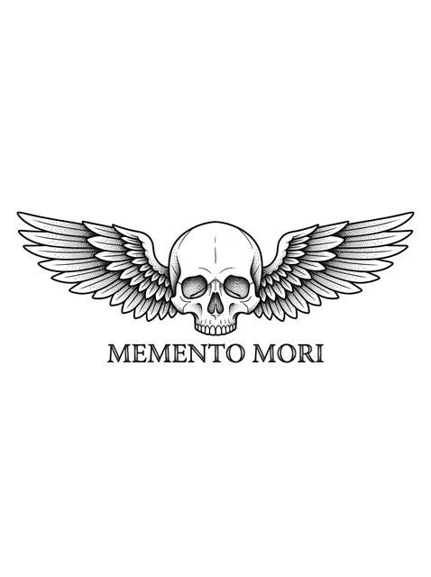 Black and white linework memento mori and skull tattoo design, outline stencil