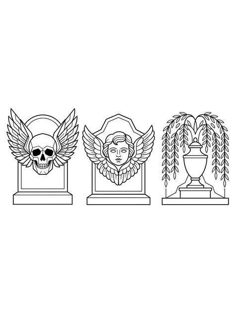Black and white linework memento mori and skull tattoo design, outline stencil