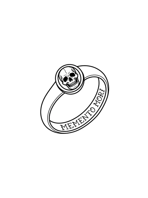 Black and white linework memento mori and skull tattoo design, outline stencil
