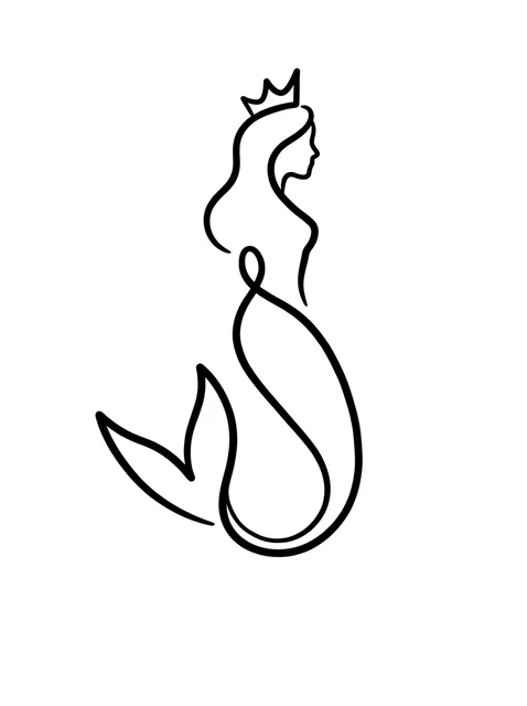 Black and white linework mermaid and crown tattoo design, outline stencil
