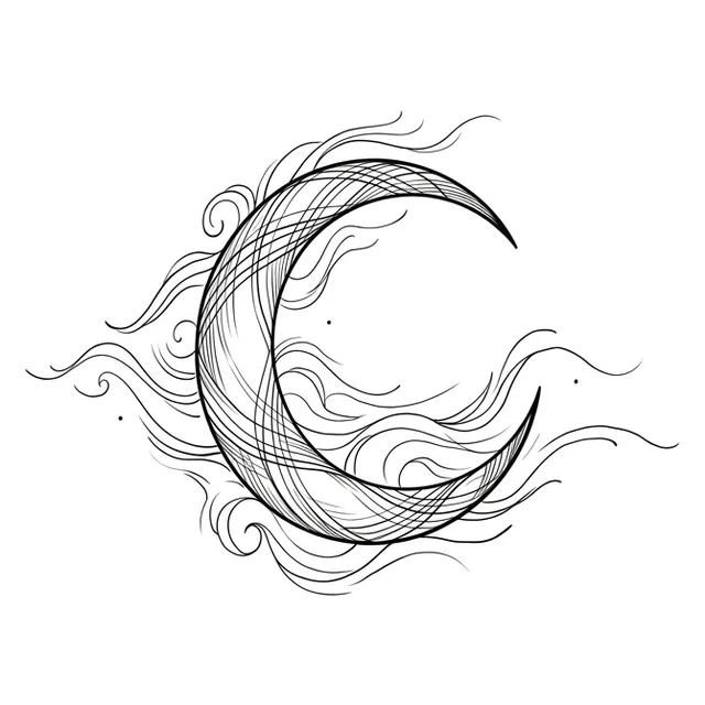 Black and white linework moon tattoo design, outline stencil