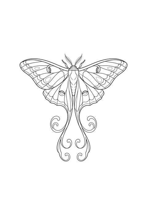 Black and white linework moth tattoo design, outline stencil