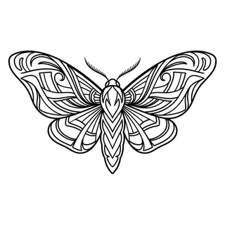 Black and white linework moth tattoo design, outline stencil