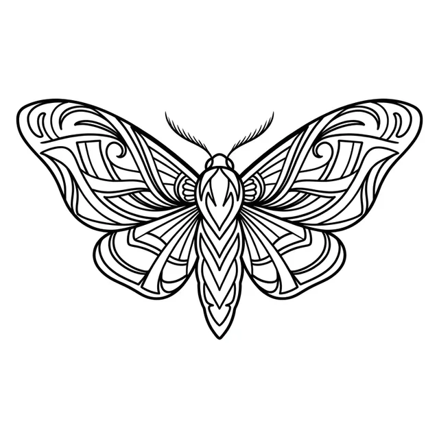 Black and white linework moth tattoo design, outline stencil