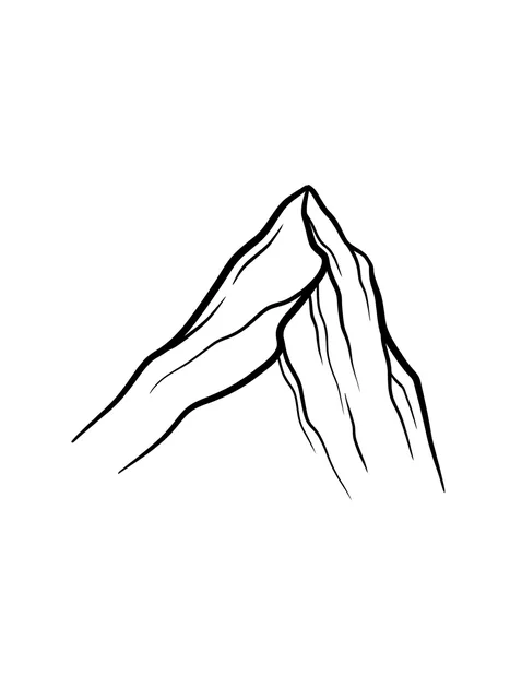 Black and white linework mountain tattoo design, outline stencil: a mountain peak