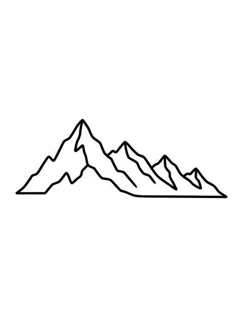 Black and white linework mountain tattoo design, outline stencil: a range of mountains
