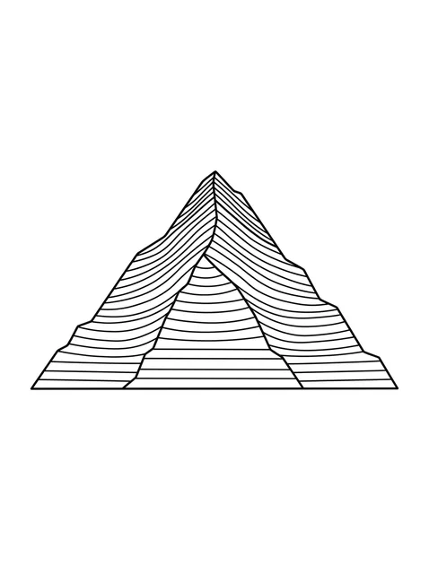 Black and white linework mountain tattoo design, outline stencil