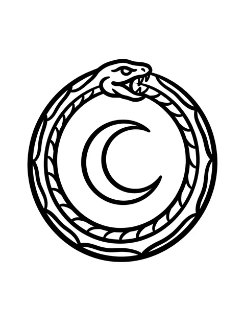 Black and white linework ouroboros and moon tattoo design, outline stencil