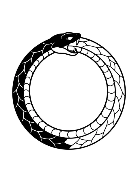 Black and white linework ouroboros and snake tattoo design, outline stencil