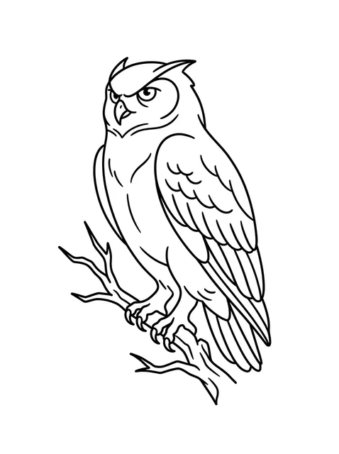 Black and white linework owl tattoo design, outline stencil: a stern-looking owl perched on a branch