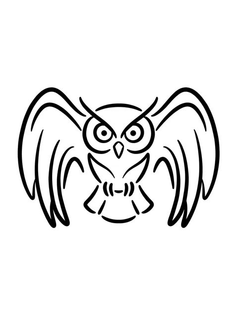 Black and white linework owl tattoo design, outline stencil: an owl with outstretched wings