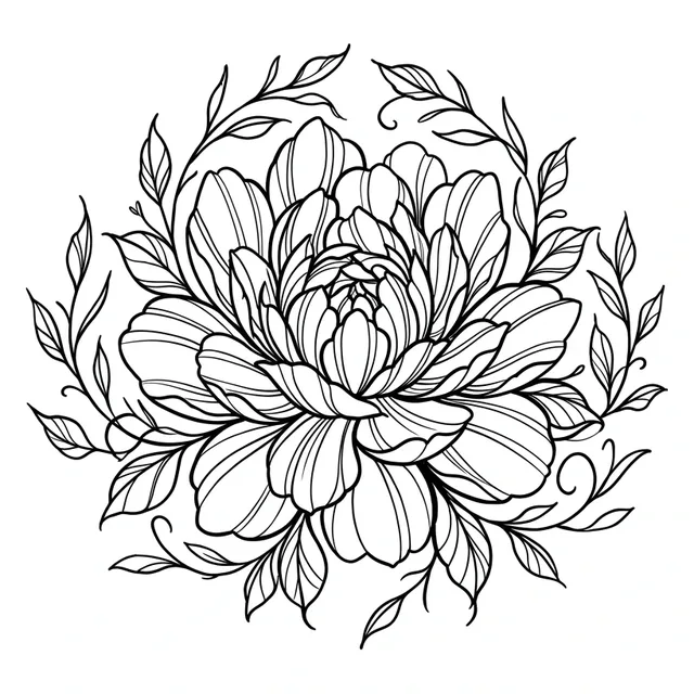 Black and white linework peony and leaf tattoo design, outline stencil