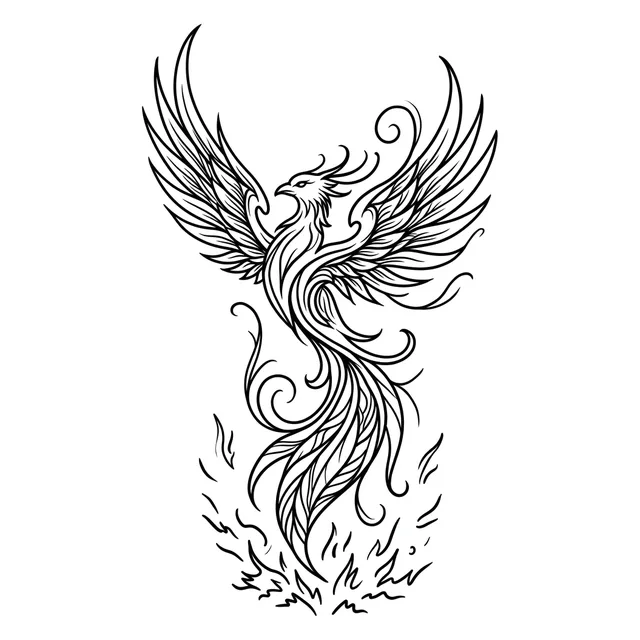 Black and white linework fire and phoenix tattoo design, outline stencil