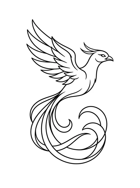 Black and white linework phoenix tattoo design, outline stencil