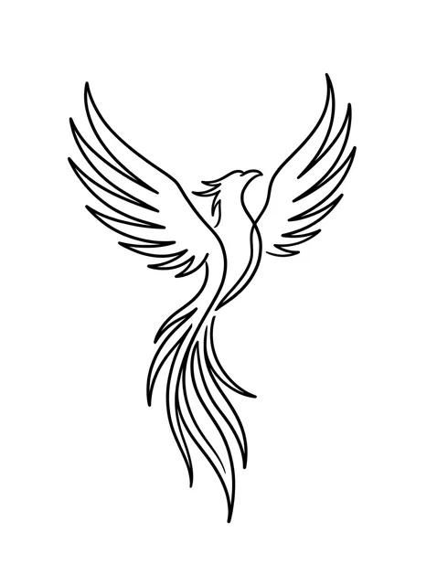 Black and white linework phoenix tattoo design, outline stencil