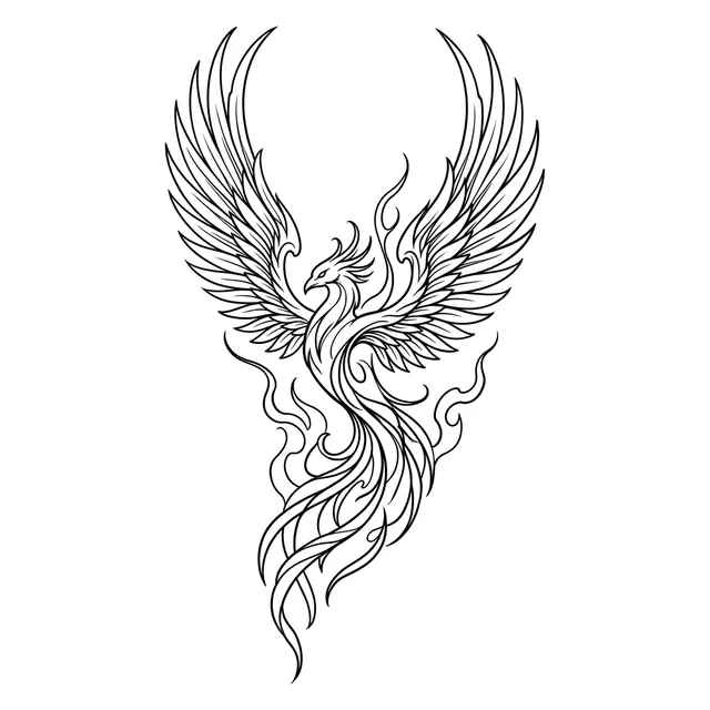 linework Phoenix tattoo design, black and grey