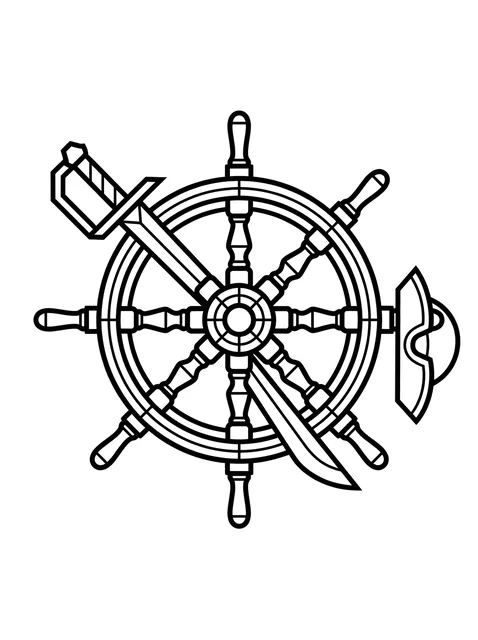 Black and white linework pirate and ship wheel tattoo design, outline stencil: a ship's wheel