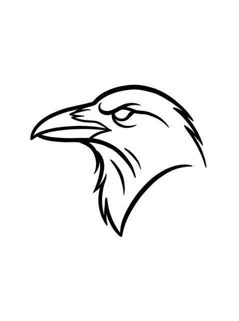 Black and white linework raven tattoo design, outline stencil: the head of a raven in profile