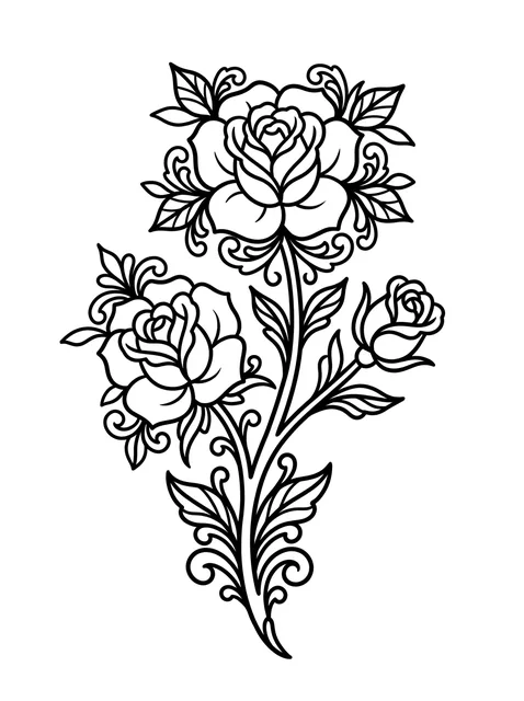 Black and white linework rose and flower tattoo design, outline stencil