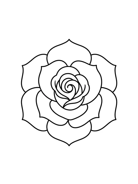 Black and white linework rose tattoo design, outline stencil: a single rose in full bloom