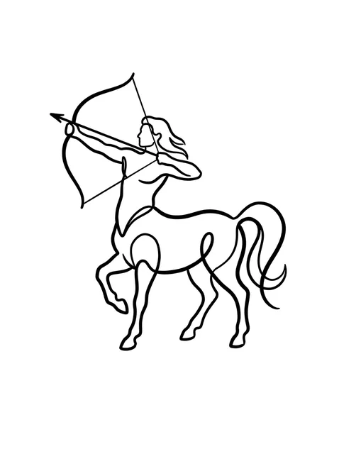 Black and white linework sagittarius tattoo design, outline stencil: a raised bow and