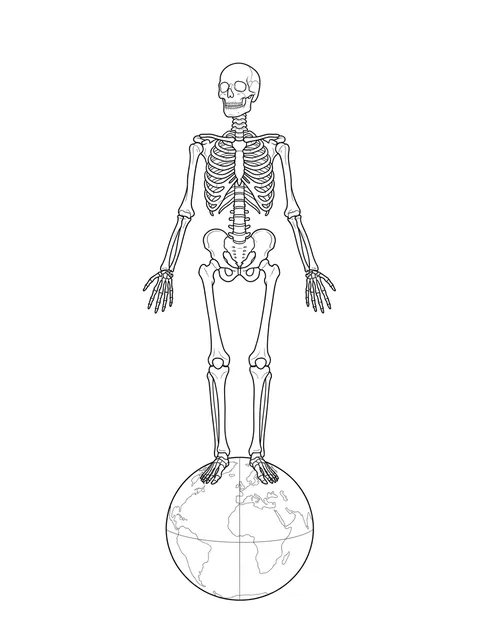 Black and white linework skeleton and globe tattoo design, outline stencil