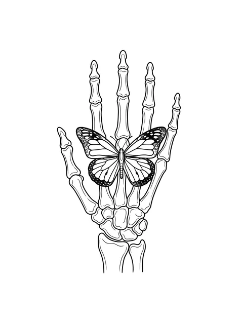 Black and white linework skeleton hand and butterfly tattoo design, outline stencil