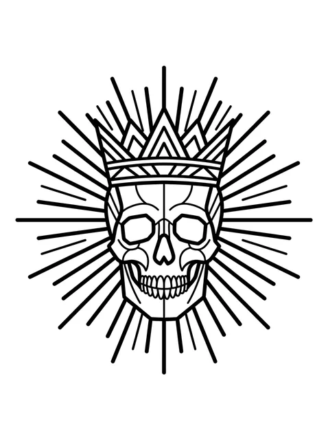 Black and white linework crown and skull tattoo design, outline stencil