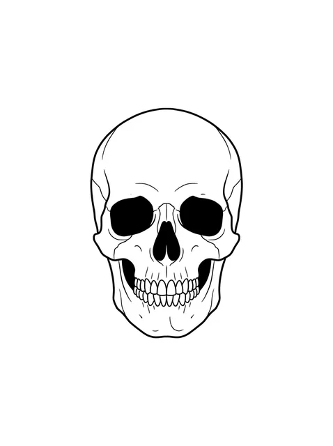 Black and white linework skull tattoo design, outline stencil: a frontal view of a human skull