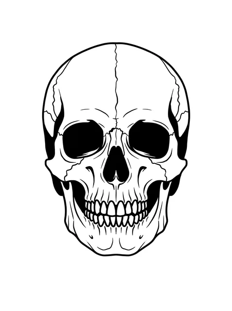 Black and white linework skull tattoo design, outline stencil: a human skull