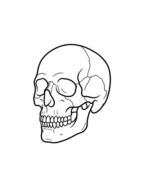 Black and white linework skull tattoo design, outline stencil: a human skull in profile
