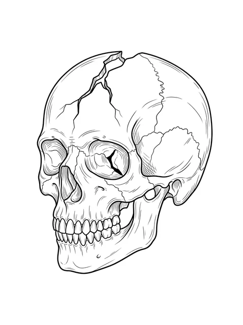Black and white linework skull tattoo design, outline stencil: a human skull
