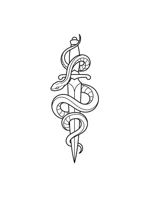Black and white linework snake and snake and dagger tattoo design, outline stencil