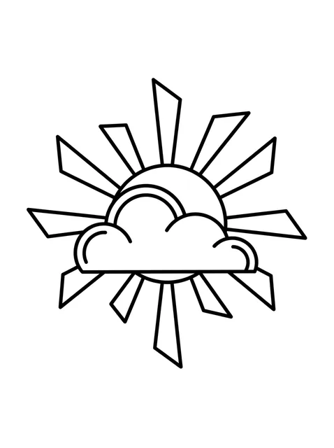 Black and white linework cloud and sun tattoo design, outline stencil