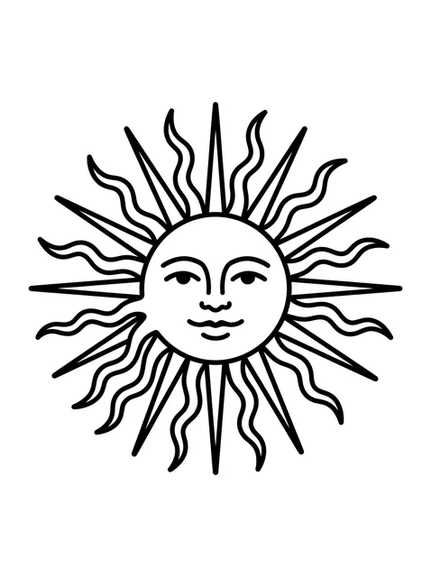 Black and white linework sun tattoo design, outline stencil