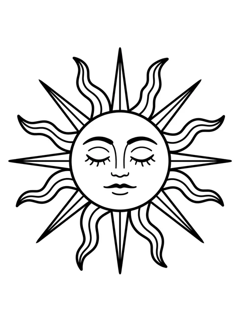 Black and white linework sun tattoo design, outline stencil