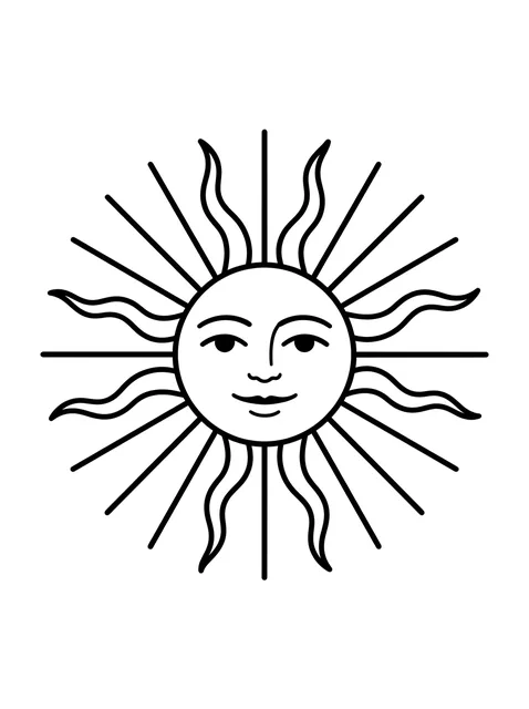 Black and white linework sun tattoo design, outline stencil: a stylized sun with a human-like face