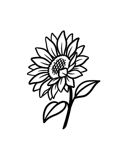 Black and white linework sunflower and flower tattoo design, outline stencil