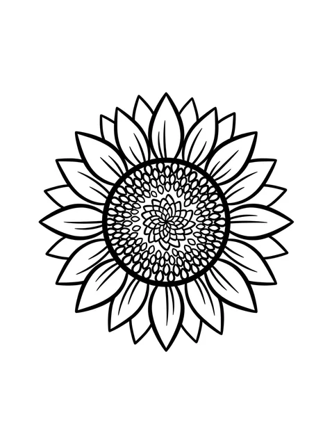 Black and white linework sunflower tattoo design, outline stencil